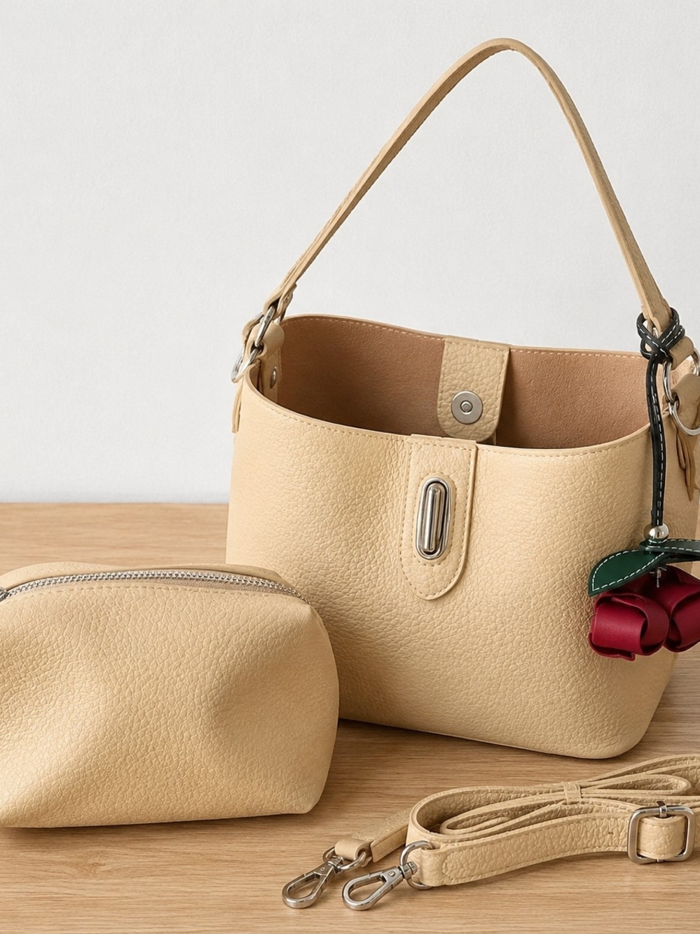 Beige Faux Leather Shoulder Bag with Flower Charm
